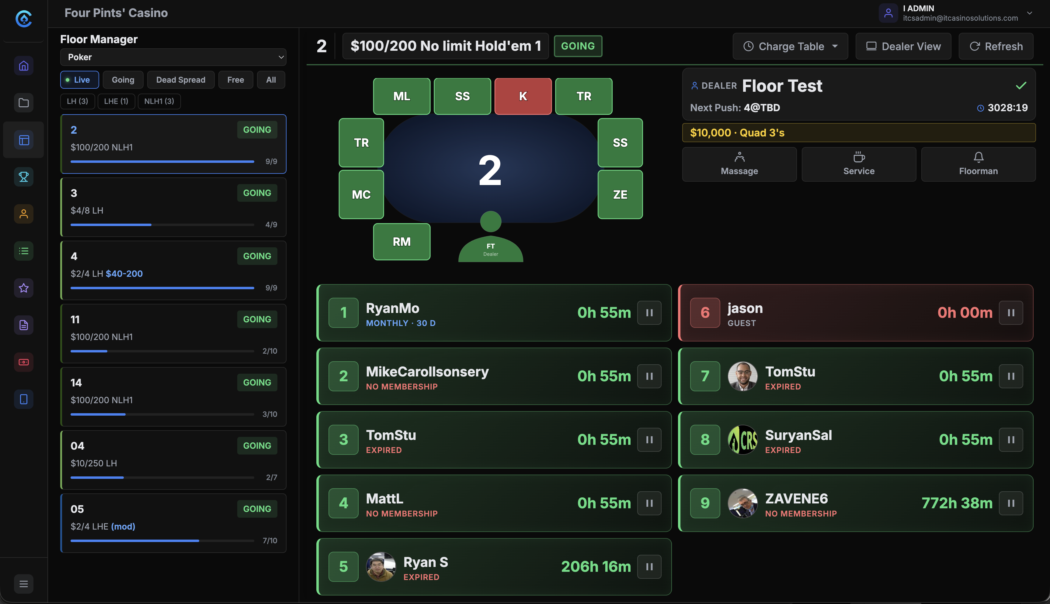 CardOpz Floor Manager — real-time table grid with game status and player tracking