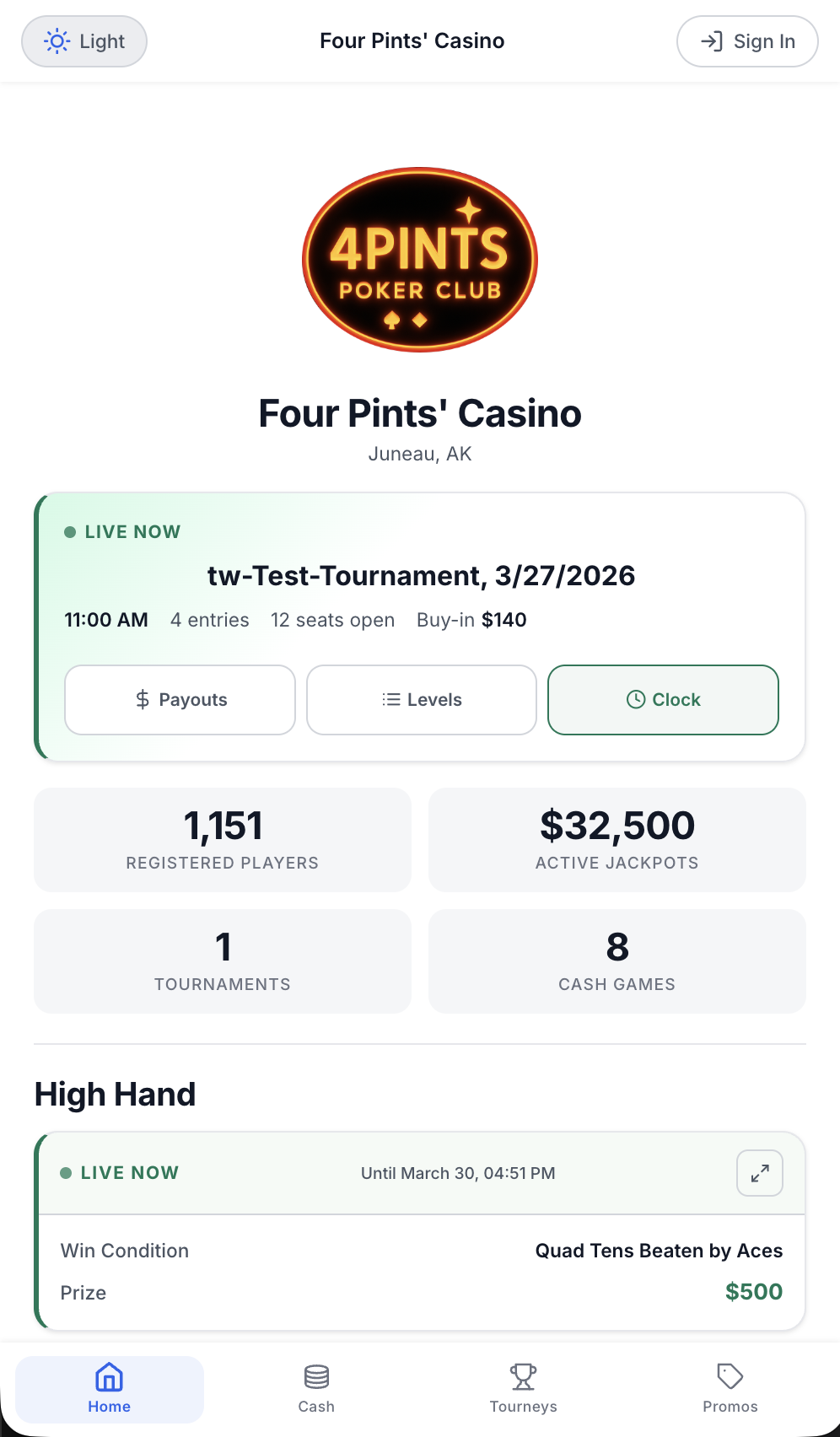 CardOpz white-label player app showing live games, waitlist, and promotions under the room's own brand
