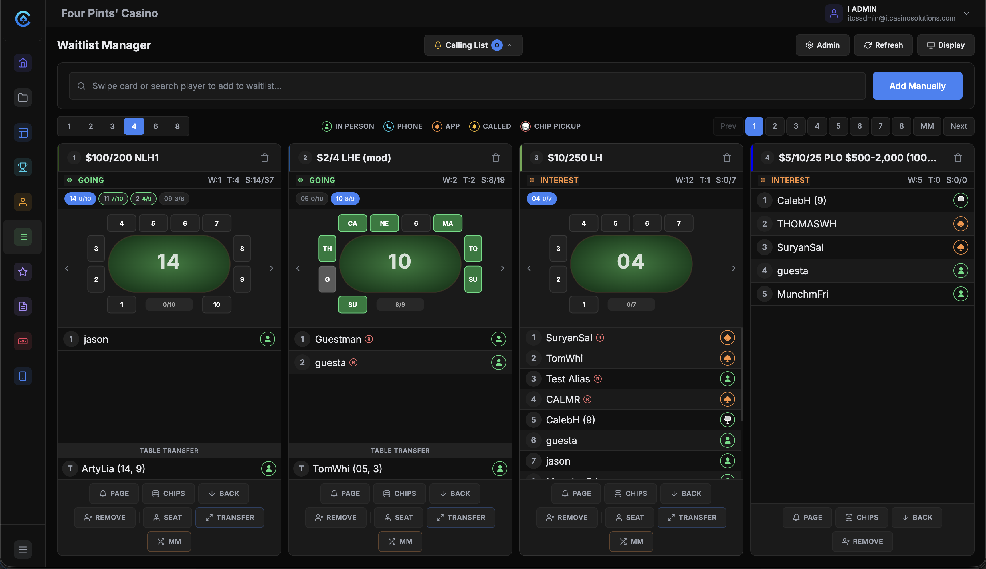 CardOpz Waitlist Manager - operator view with multi-channel player queue